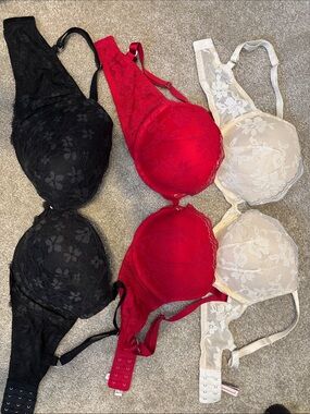 Victoria’s Secret 32DD Lace Push-Up Bras - Black, Red, Cream